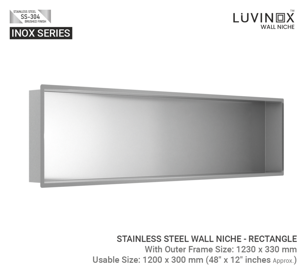 STAINLESS STEEL BATHROOM WALL NICHE RECTANGLE 1200 mm x 300 mm 48 x 12 Inches LUVINOX 2