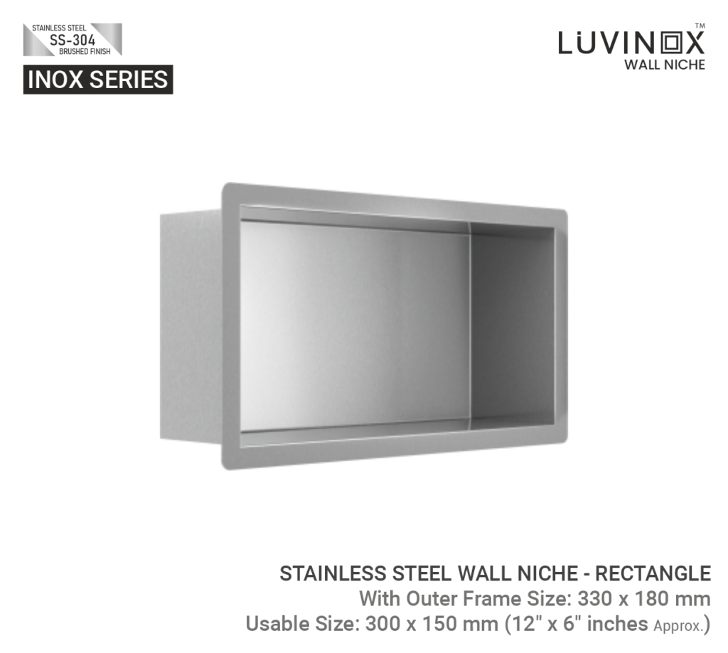 STAINLESS STEEL BATHROOM WALL NICHE RECTANGLE 300 mm x 150 mm 12 x 6 Inches LUVINOX 2