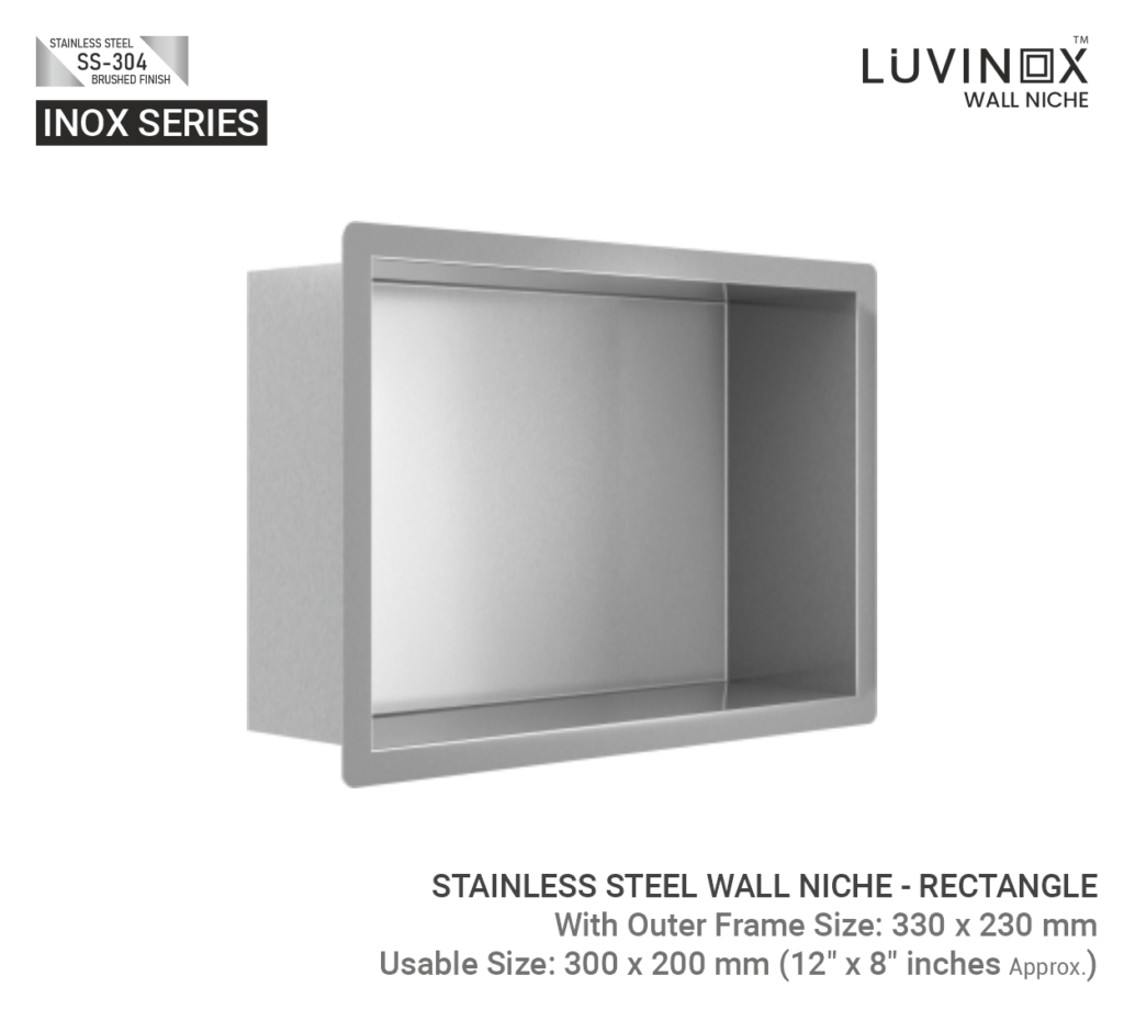 STAINLESS STEEL BATHROOM WALL NICHE RECTANGLE 300 mm x 200 mm 12 x 8 Inches LUVINOX 1