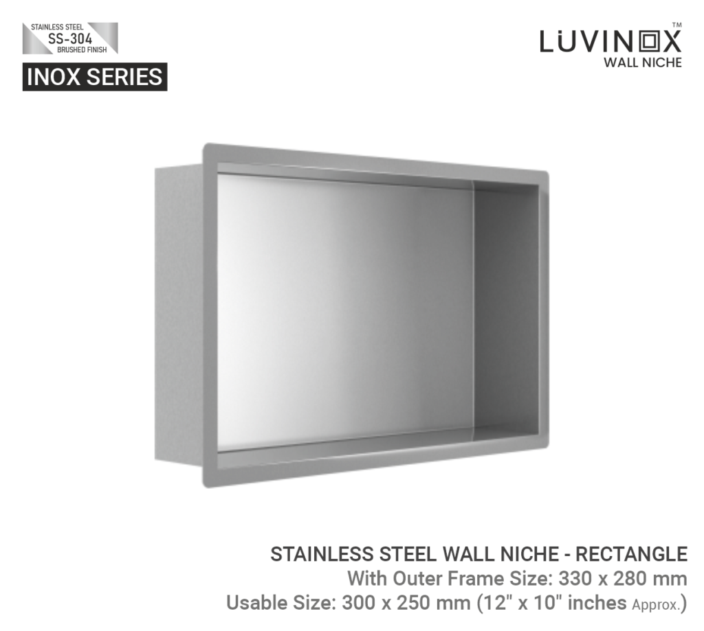 STAINLESS STEEL BATHROOM WALL NICHE RECTANGLE 300 mm x 250 mm 12 x 10 Inches LUVINOX 1