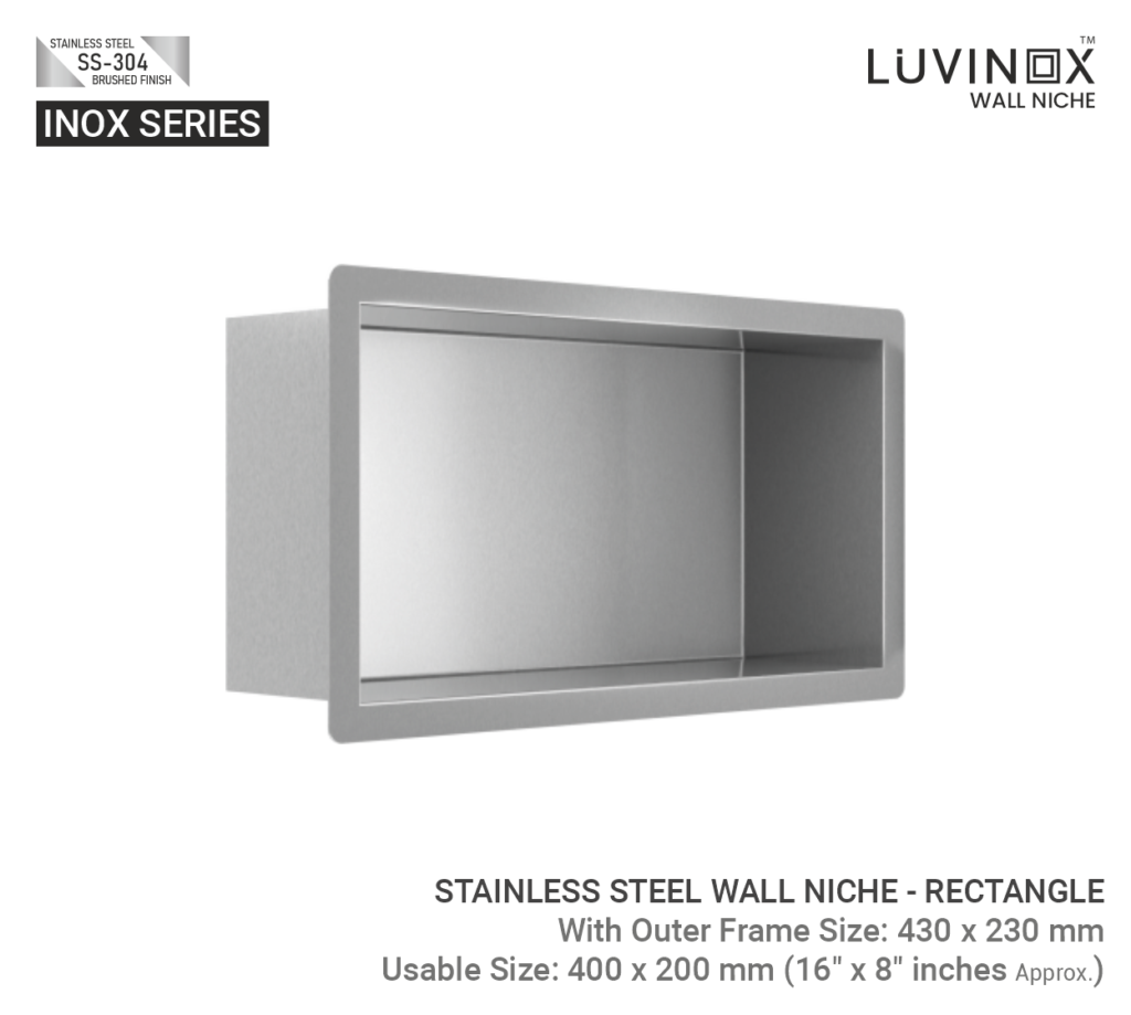 STAINLESS STEEL BATHROOM WALL NICHE RECTANGLE 400 mm x 200 mm 16 x 8 Inches LUVINOX 1