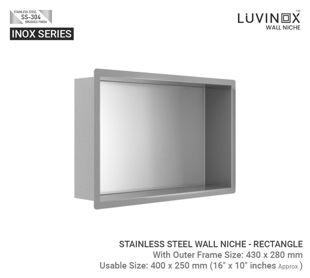 STAINLESS STEEL BATHROOM WALL NICHE RECTANGLE 400 mm x 250 mm 16 x 10 Inches LUVINOX 1