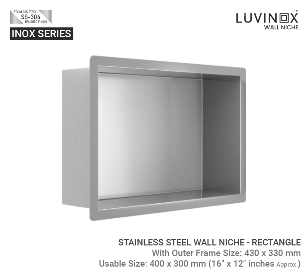STAINLESS STEEL BATHROOM WALL NICHE RECTANGLE 400 mm x 300 mm 16 x 12 Inches LUVINOX 1