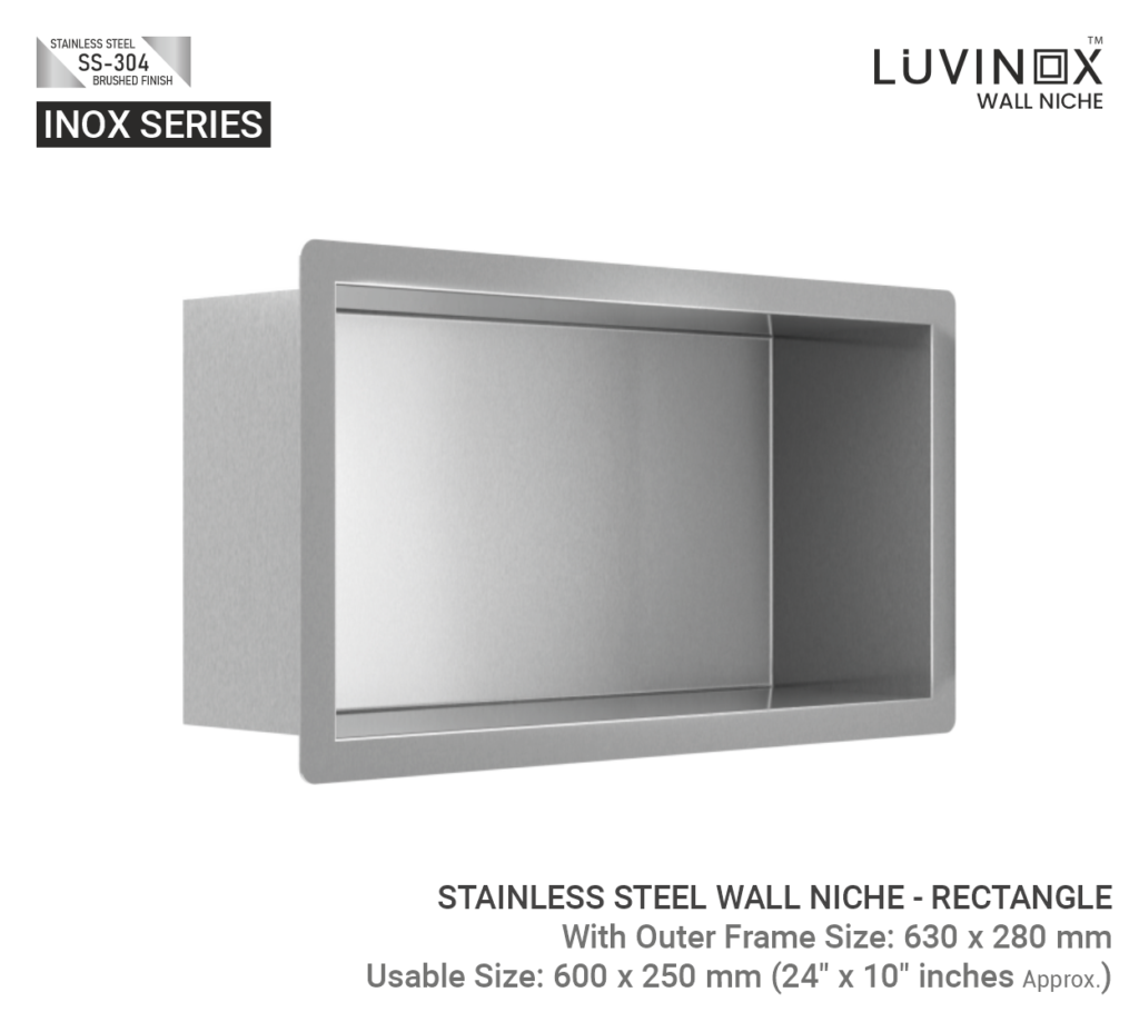 STAINLESS STEEL BATHROOM WALL NICHE RECTANGLE 600 mm x 250 mm 24 x 10 Inches LUVINOX 1
