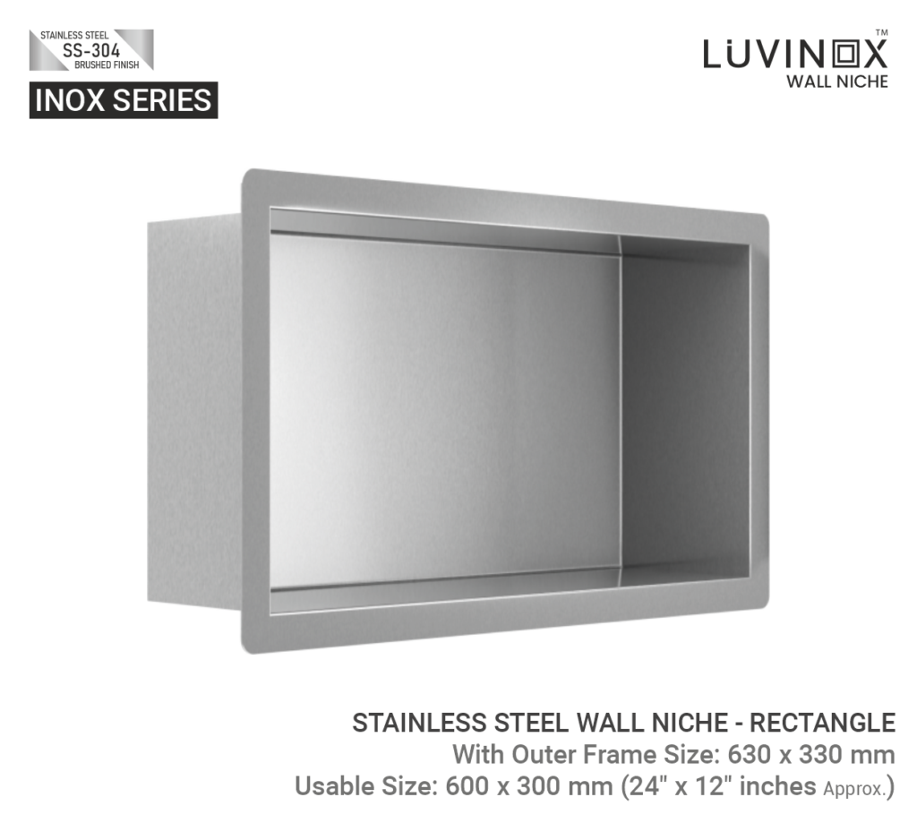STAINLESS STEEL BATHROOM WALL NICHE RECTANGLE 600 mm x 300 mm 24 x 12 Inches LUVINOX 1