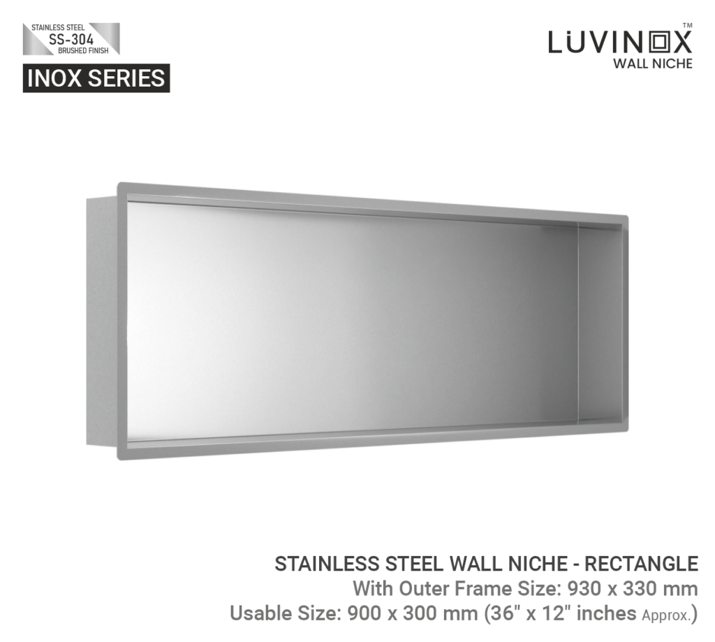 STAINLESS STEEL BATHROOM WALL NICHE RECTANGLE 900 mm x 300 mm 36 x 12 Inches LUVINOX 1