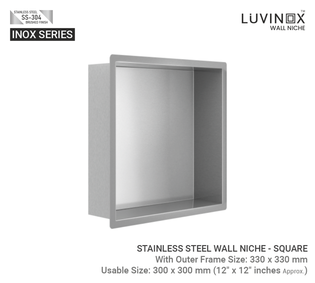 STAINLESS STEEL BATHROOM WALL NICHE SQUARE 300 mm x 300 mm 12 x 12 Inches LUVINOX