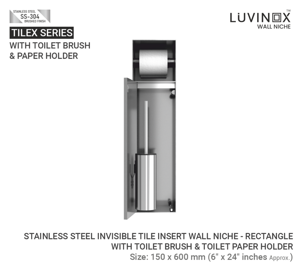 STAINLESS STEEL INVISIBLE TILE INSERT WALL NICHE WITH TOILET BRUSH PAPER HOLDER 150 X 600 MM 6 X 24 Inches 1