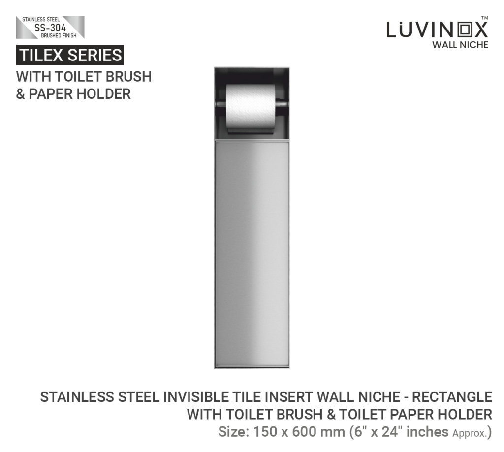 STAINLESS STEEL INVISIBLE TILE INSERT WALL NICHE WITH TOILET BRUSH PAPER HOLDER 150 X 600 MM 6 X 24 Inches 3