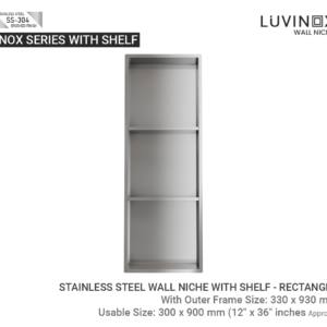 Inox Stainless Steel Bathroom Wall Niche With Shelves - 300 x 900 mm