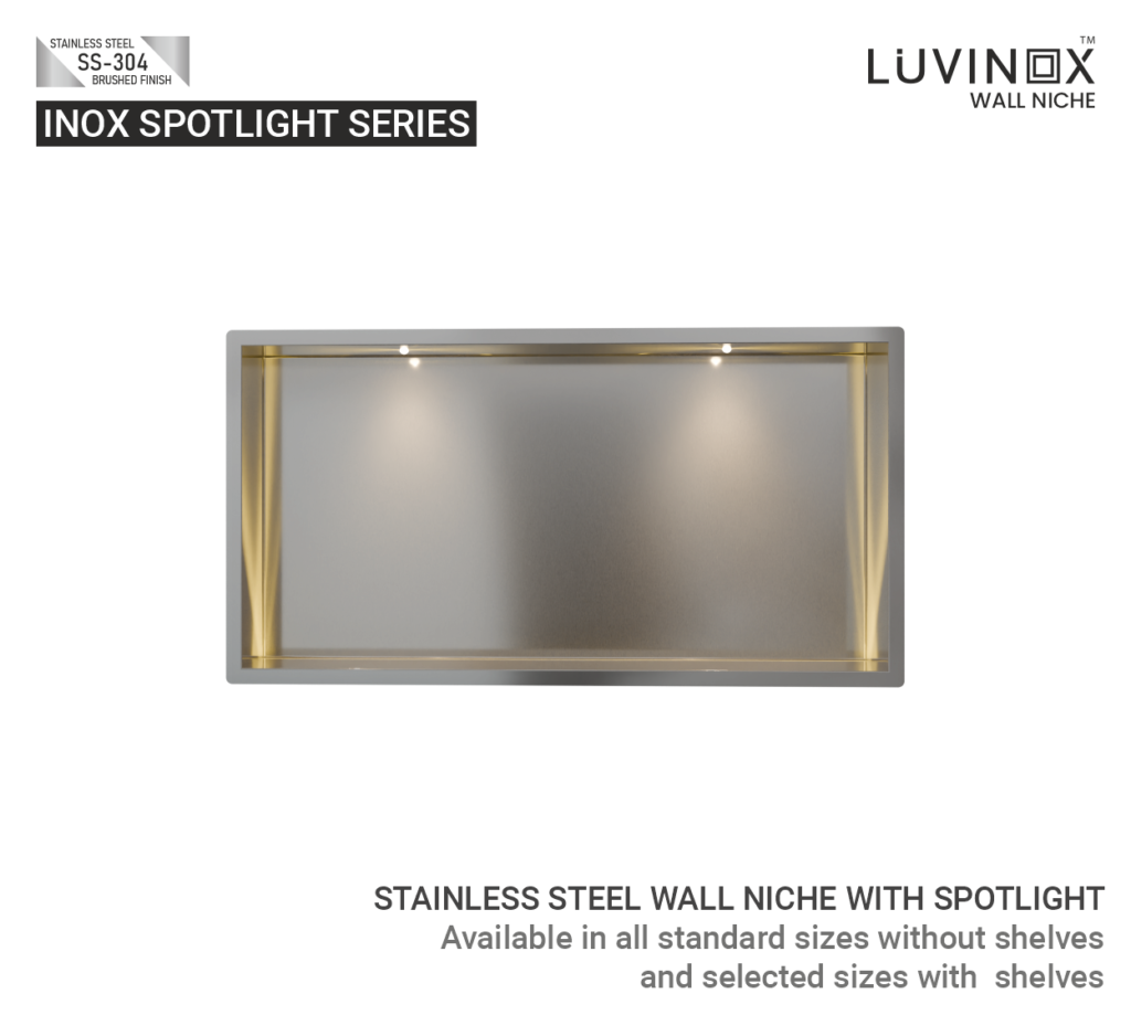 STAINLESS STEEL WALL NICHE WITH SPOTLIGHT 300 x 150 mm