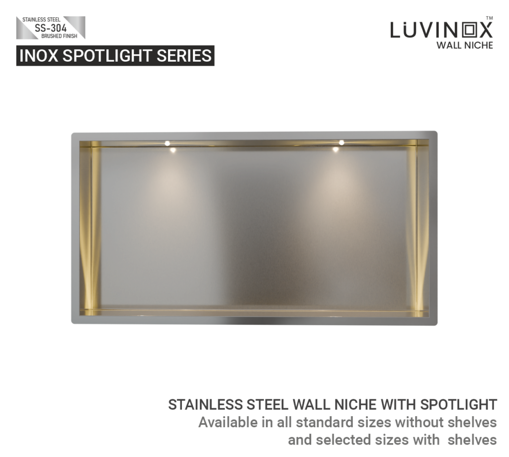 STAINLESS STEEL WALL NICHE WITH SPOTLIGHT 300 x 600 mm